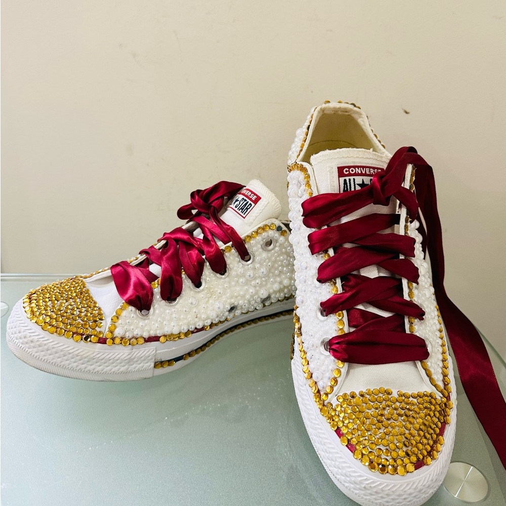 Converse CT All Star Ox Customized‎ Size 8 Pearl Sneakers Ribbon Laces Youth - Picture 2 of 10